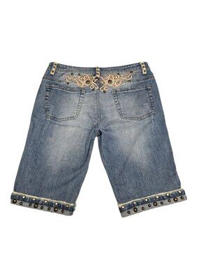 Vintage Y2K Embellished Jean Shorts Embroidered Studded Denim L Bermuda